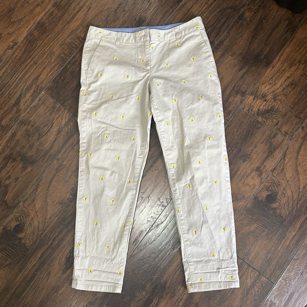 Talbots Size 8P The Weekend Chino Pants Khaki Embroidered Butterfly Print Cotton